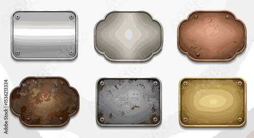Illustration showcasing six metal plates of varying shapes, textures, and colors attached with screws