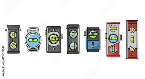 Illustration showing a variety of different colored bubble levels used for measuring horizontally and vertically
