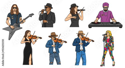 Illustration of a diverse group of musicians performing with various instruments and equipment onstage