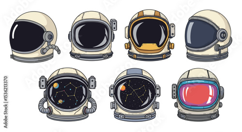 Illustration of seven astronaut helmets with different visor designs and space themed reflections inside