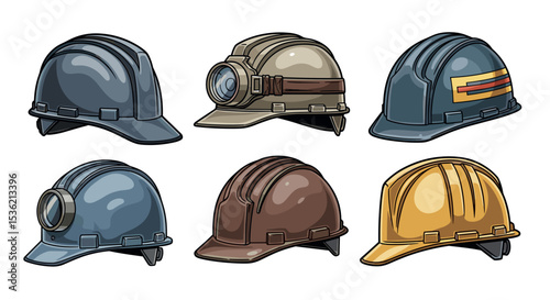Collection of six miner helmets in various styles and colors displayed in a group arrangement view