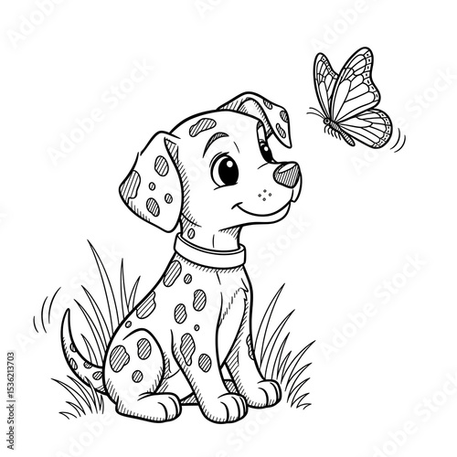 Adorable Dalmatian Puppy Cartoon Illustration, Coloring Page, Cute Dog, Butterfly, Grass, Nature, Childrens Book
