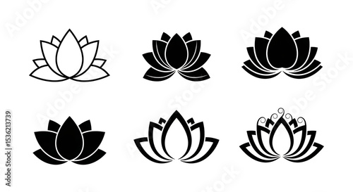 Six Elegant Lotus Flower Icons: Black And White Vector Illustrations For Yoga, Spa, And Meditation Designs