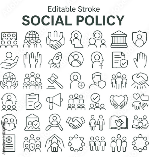 Social Policy Line Art Icon Vector Set | Transparent Background, Minimal Outline Symbols