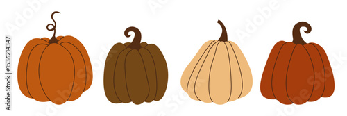 Set of hand drawn fall pumpkins. Red, orange, brown and gray vegetables. Concept for autumn decorative design, halloween invitation, Thanksgiving day, harvest. Vector illustration