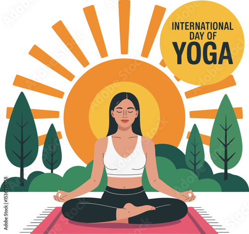 Sunrise silhouette layout with calm woman in lotus position under soft sun theme for yoga celebration banner  