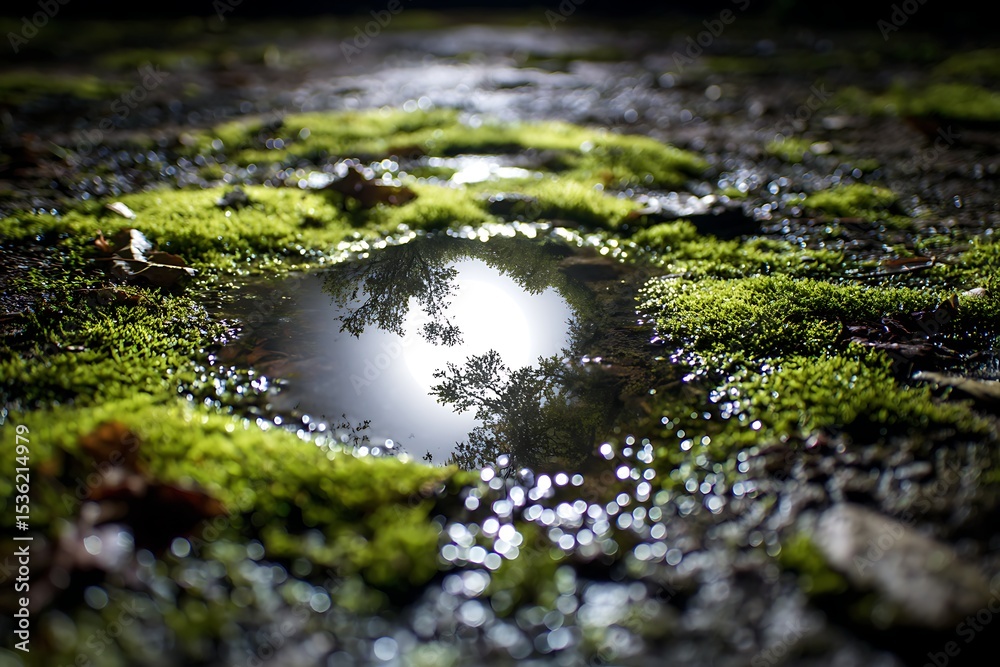 Fototapeta premium Tree Reflection in Puddle Surrounded by Mossy Ground Nature's Mirror, Forest Floor Details