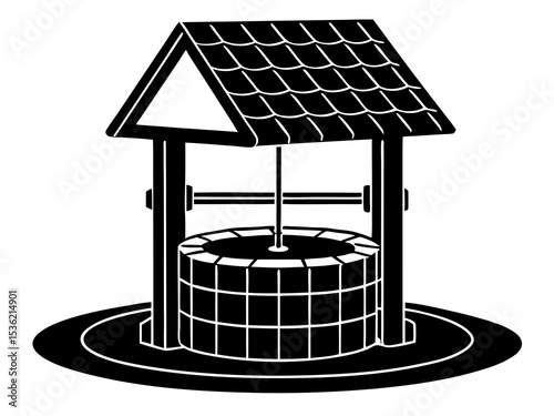 Village Water Well silhouette vector illustration. traditional style outdoor water well structure vector design