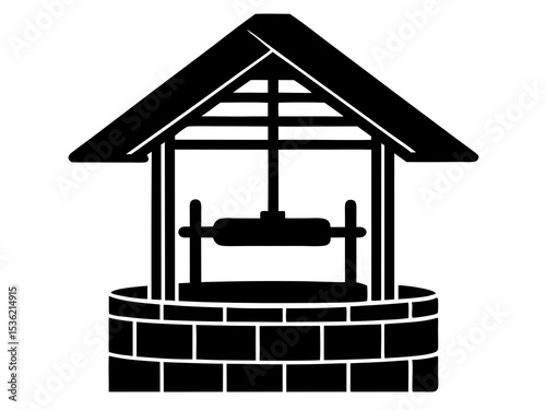 Village Water Well silhouette vector illustration. traditional style outdoor water well structure vector design