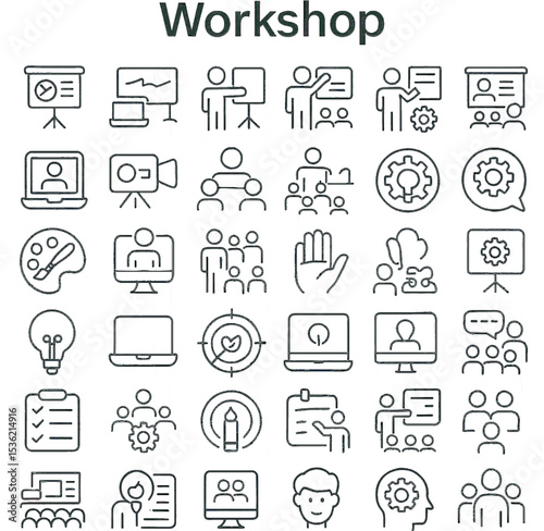 Workshop Line Art Icon Vector Set | Transparent Background Tools & Equipment Illustrations