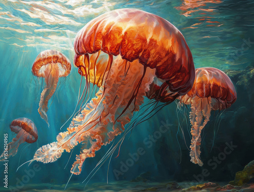 Vibrant jellyfish with translucent orange bodies and long tentacles gracefully float underwater in a serene ocean scene.
