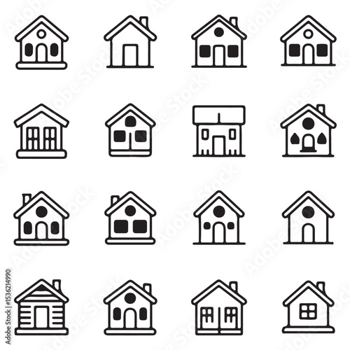 Collection home icons. House symbol. Set of real estate objects and houses black icons isolated on white background. Vector illustration.