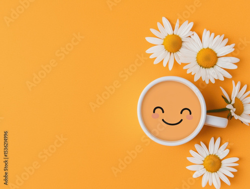  cheerful cup of coffee with a smiley face surrounded by white daisies on a bright orange background.