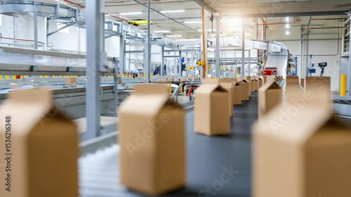 Cardboard Boxes Moving on Conveyor Belt in a Modern Factory Production Line