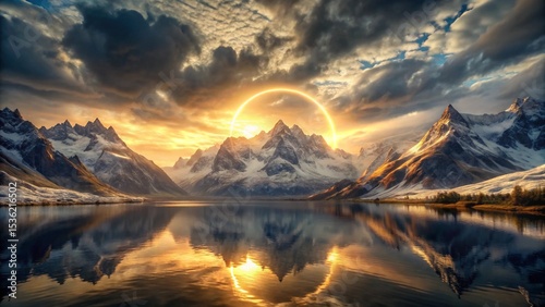 Beautiful nature landscape with colorful sky at sunset or sunrise over mountains and lake