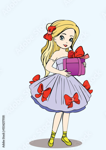 035-07-Young blonde girl, dressed in a pretty party dress, happily holds a brightly wrapped gift box, anticipating a celebration. Hand-drawn illustration