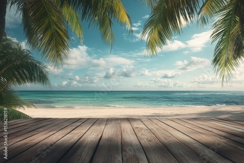 Explore the beauty of the beach with a wooden deck and a coconut tree backdrop under a serene sky, wooden floor on beach with coconut tree Photo background Seamless quality