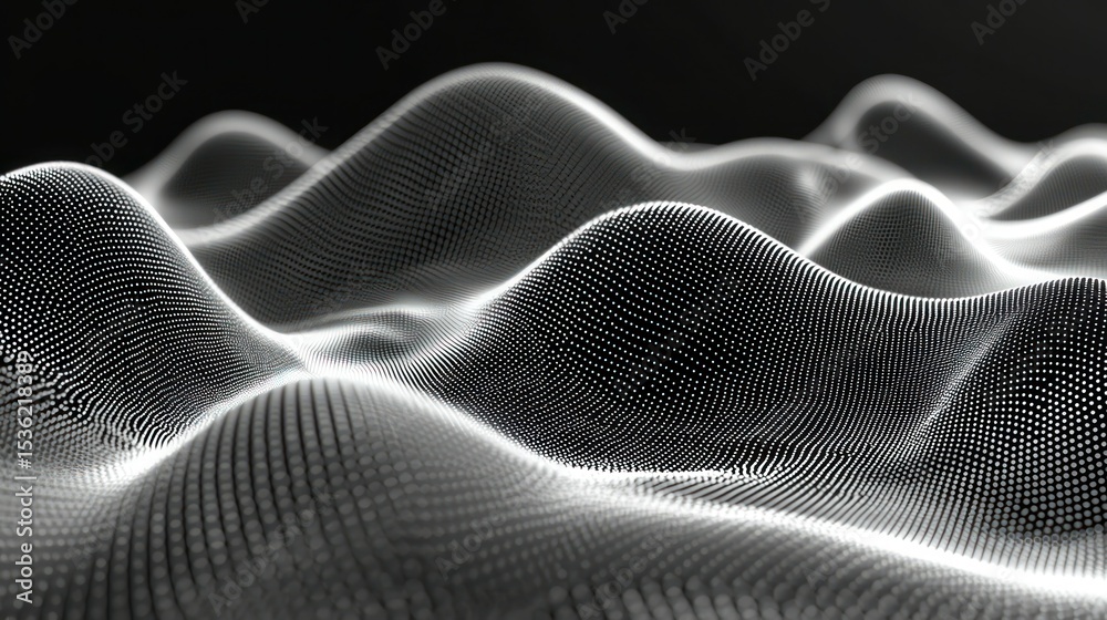 Naklejka premium Abstract digital landscape of undulating, interconnected points. A grayscale, smooth, wave-like pattern of dots creating a textured surface