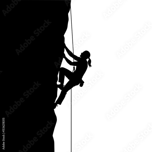 Silhouette of rock climber scaling cliff on white background
