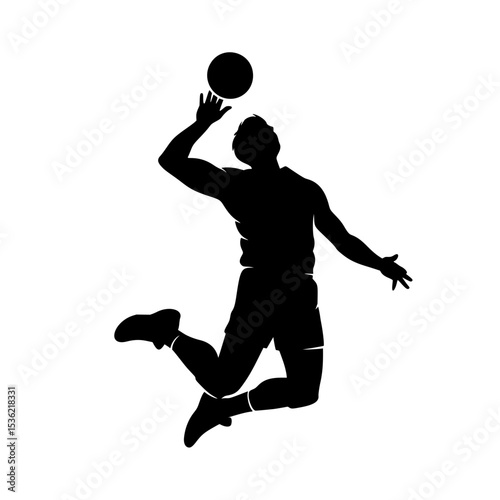 Silhouette of volleyball player spiking ball on white background