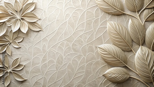 Elegant Beige Floral Wall Decor Featuring Intricate Leaf Designs and a Textured Background