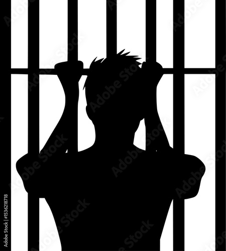 Black Silhouette Vector of Person Behind Jail Bars