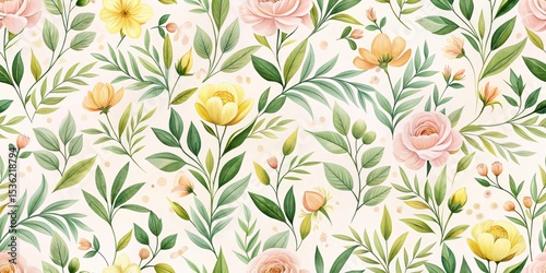 A Seamless Pattern of Delicate Pastel Yellow and Pink Blossoms with Lush Green Foliage, Ideal for Textile Design or Elegant Stationery