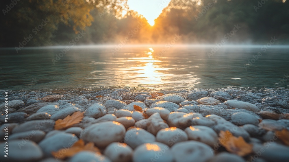 Obraz premium Riverbank at sunrise, tranquil morning light