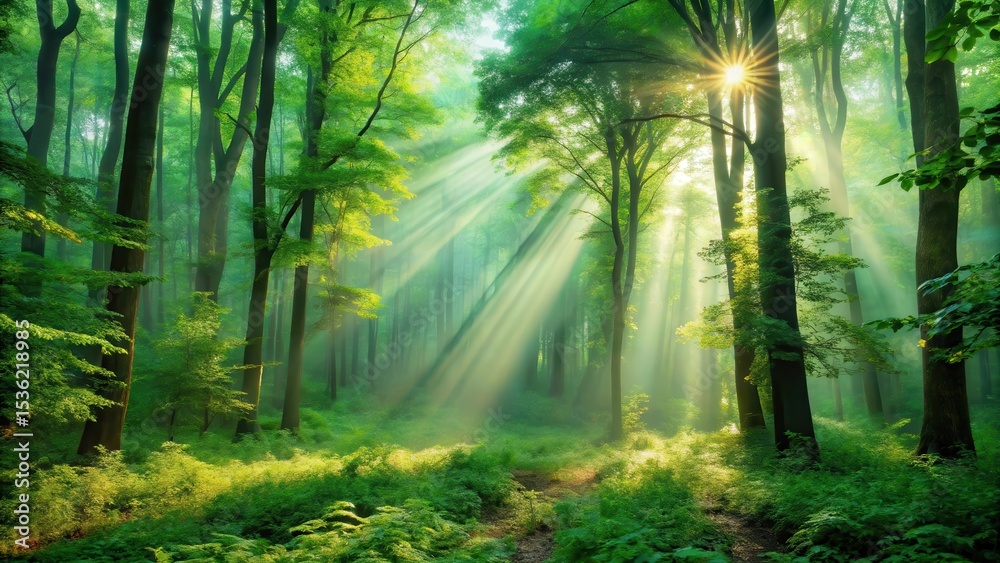 Obraz premium Sunbeams Illuminate Serene Forest Path, Lush Greenery Under Canopy of Trees, Mystical Atmosphere