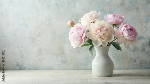 Wallpaper Mural Pastel Peonies in a Simple Ceramic Vase on a Rustic Wooden Surface Against a Textured Wall Torontodigital.ca