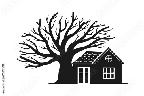 Falling Tree on House silhouette vector illustration