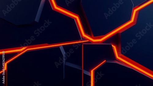 Deep navy 3D panels with glowing orange contours, energetic contrast, abstract modern tech style – ideal for digital products