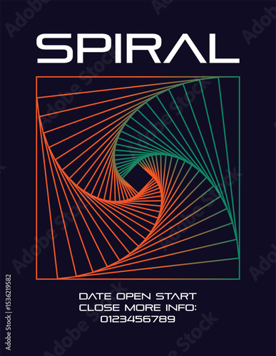Vivid spiral line art poster with orange and green line drawings of an announcement. / 鮮やかな螺旋状のラインアートのポスター 線画 スパイラル 告知 お知らせ オレンジ 緑