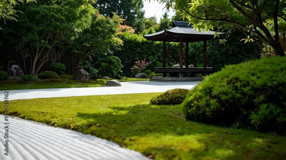 Tranquil Asian zen garden with mossy ground cover and raked sand near a traditional gazebo for relaxation and meditation