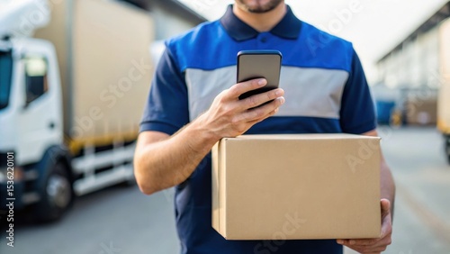 A delivery worker checks a mobile device while holding a package outside a logistics facility.