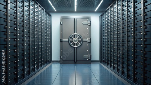 A metallic vault door stands prominently in a secure bank's safety deposit box room, highlighting security and storage.