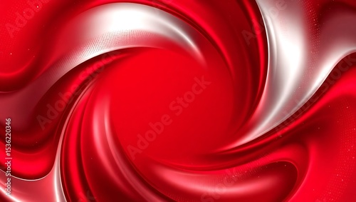 Design a dynamic red and silver vector swirl with halftone particles transitioning between the two tones, center void to allow text overlay