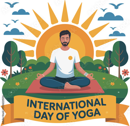 Smiling man meditating outdoors in sunrise scene with greenery promoting peace and balance for yoga day  