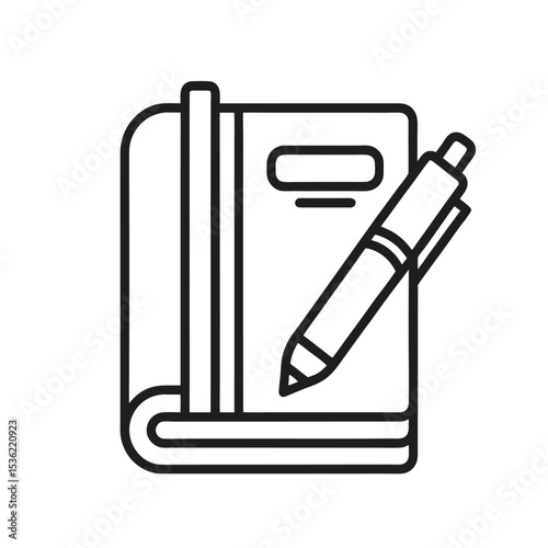 Black and white line art illustration of a closed notebook with a pen resting on it simple design minimalist style notebook icon stationery supplies writing tool office supplies
