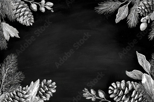 Chalkboard theme fir and pine cone border with white ink