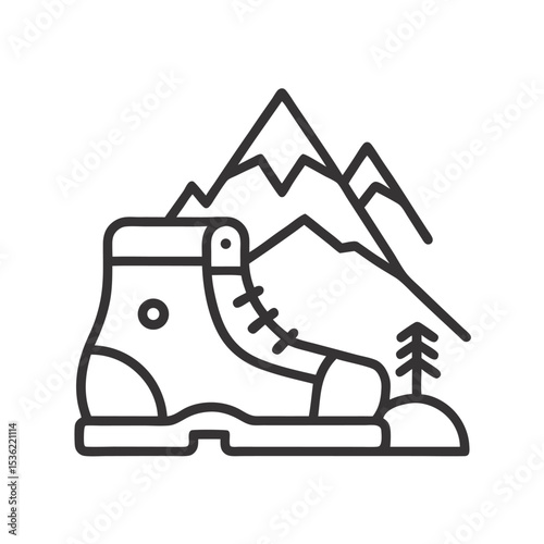 Line Art Illustration of a Hiking Boot Against a Mountain Landscape Background Featuring Simple Stylized Mountains and a Small Evergreen Tree