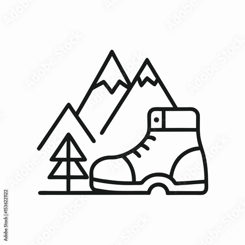Line Art Illustration of Hiking Boot in Mountain Landscape with Evergreen Tree Black and White Simple Graphic Design
