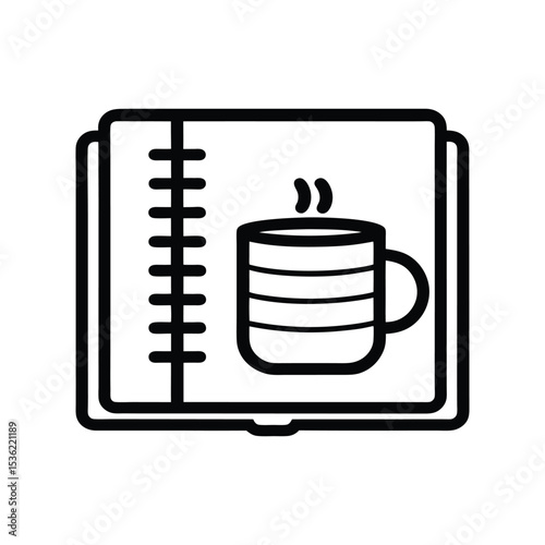 Spiral Bound Notebook Open Displaying a Hot Mug of Coffee or Tea Simple Line Art Illustration