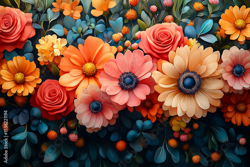 Colorful Floral Mockup with Roses Daisies and Berries on Blue

