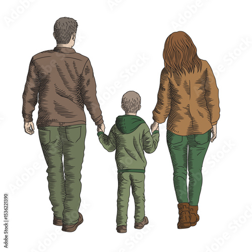 A family of three is walking. The father and mother are holding the son's hands.