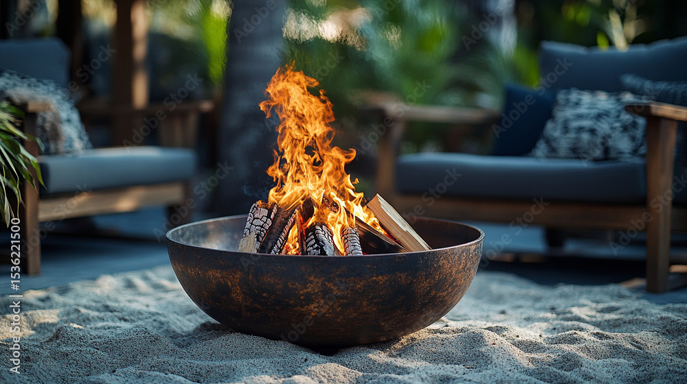 Cozy outdoor fire pit glowing in the evening surrounded by modern wooden furniture in a lush backyard garden symbolizing warmth relaxation friendship and summer gatherings.
Cozy outdoor fire pit glowing in the evening surrounded by modern wooden furniture in a lush backyard garden symbolizing warmth relaxation friendship and summer gatherings.