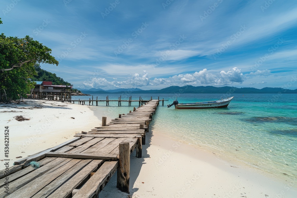 Fototapeta premium Wooden pier leads to a tropical beach