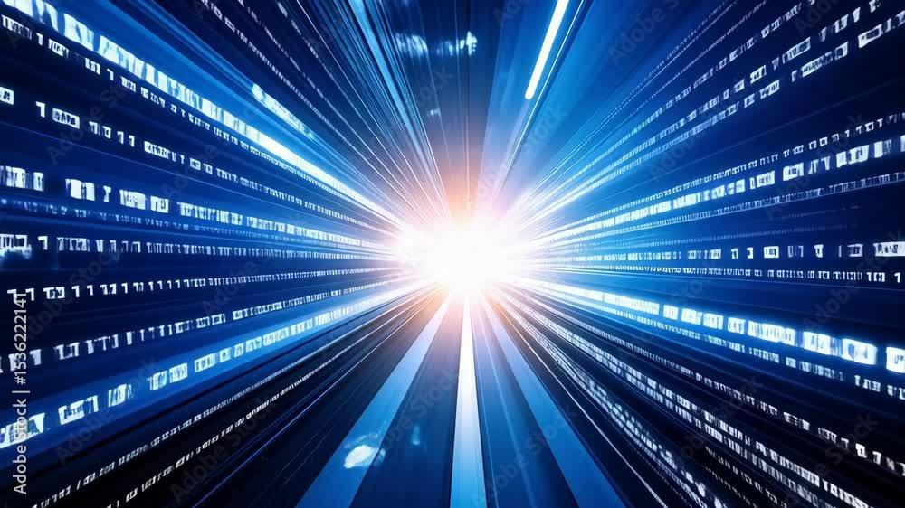 Abstract blue digital data stream tunnel with binary code, fast moving through virtual reality cyberspace with bright light at end point in technology concept