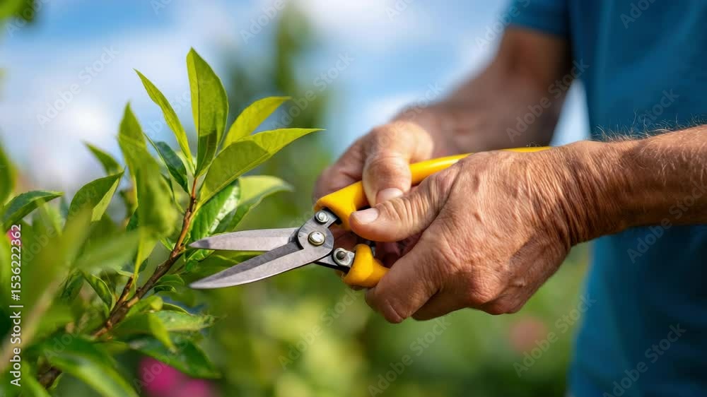 Elderly hand pruning green plant with garden shears outdoors, gardening sunlight, peaceful activity, plant care, healthy lifestyle, tool use, green leaf maintenance, outdoor environment
