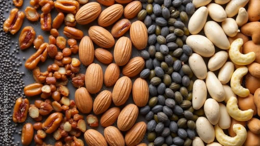 A vibrant tableau of nature s bounty, showcasing an artful arrangement of nuts, seeds, and dried fruits, each a testament to the nutritional power of wholesome foods, presented against a pristine